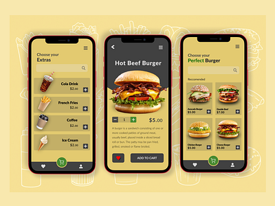 Order Food Design add burger menu burgers choosing clear ui create order delivery delivery app design fastfood food food and drink food app foodie icons navigate order food ordering app simple design yellow