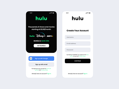 Hulu Sign Up | Daily UI Challenge 001 (Sign up flow) dailyui figma minimal mobile mobile app mobile app design mobile design mobile ui sign in sign up signup streaming streaming app tv tv series tv show tv shows ui ux video