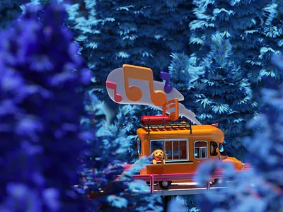 Camper in the Woods 3d c4d campervan car cgi character dog forest illustration music octane sing trees woods