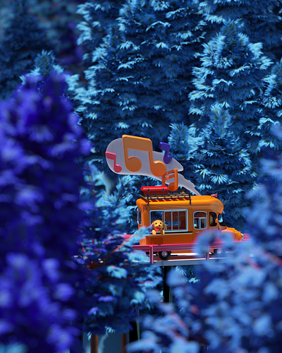 Camper in the Woods 3d c4d campervan car cgi character dog forest illustration music octane sing trees woods