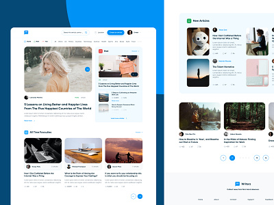 Writerz-Collect news from first-hand observer. articles page blue web clean ui figma landing page medium news page newsportal publisher thumbnails ui design uiux visual design web design whitespaces