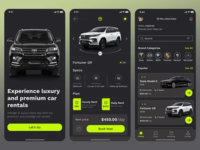 Premium Car Rental App app design bmw car design car rental daily rent dark theme design fortuner hourly rent interface design mazda premium quality prestige rental services simple interface design tesla ui ui design user experience uxui