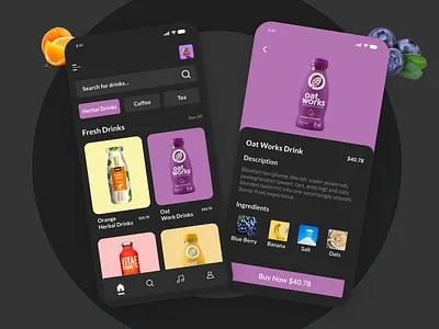 Herbal drinks app store app design black branding coffee dark drink fresh healthy herbal herbalhealth illustration interactions juice app online store tea trending ui uiux ux