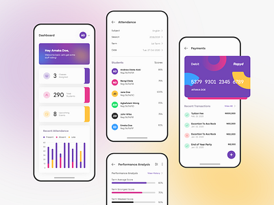 Education Mobile App analytics app screen attendance credit card dashboard data debit card education parents payment performance analysis plogged school scores students teachers ui ux