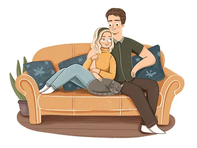 Family time - a couple on a sofa illustration blue cat character couple design digital family flat girl green illustration love yellow