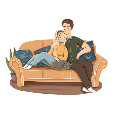 Family time - a couple on a sofa illustration blue cat character couple design digital family flat girl green illustration love yellow