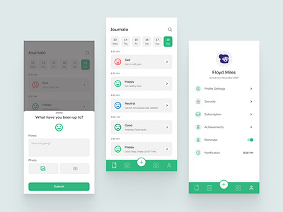 Journalo Mobile App Exploration - 3 Screens avatar card card design card ui cards ui emoticon emotion illustration journal journaling mobile design profile page settings typography ui uiux writer writing