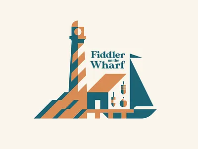 Fiddler on the Wharf - pt. 2 badge buoy crab dock fisherman geometric illustration lighthouse lobster logo negative space new england pier restaurant sailboat seafood shack shadow