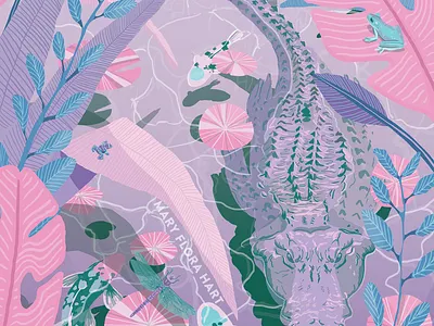 Lilac Lake aligator crocodile digital art digital illustration fish frog illustration jungle lake lilac nature nature art nature illustration pink purple tropical tropical leaves water