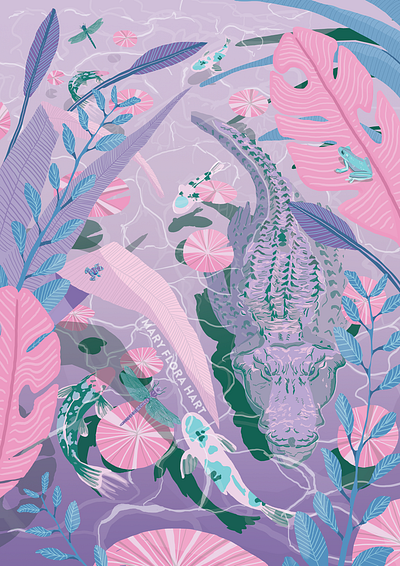 Lilac Lake aligator crocodile digital art digital illustration fish frog illustration jungle lake lilac nature nature art nature illustration pink purple tropical tropical leaves water
