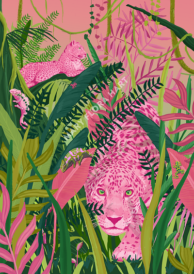 Pink Panther digital art digital illustration frog illustration jaguar jungle leopard nature nature art nature illustration panther plants tropical