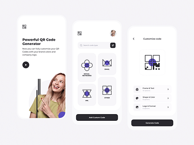 qr generator - listing, customization app clean ui design generator grey light mobile qr qrcode