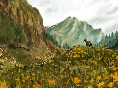 spring in the mountains digital art green illustration leaves painting