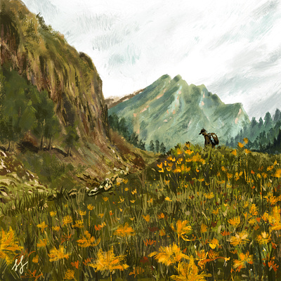 spring in the mountains digital art green illustration leaves painting