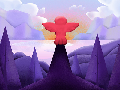 Going Out on a Limb bird field hills illustration mountain pond trees