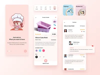 E-commerce app ( baking tools ) 2021 trend app design application design application ui baking product clean ui cooking app e commerce app e commerce shop minimal design mobile app mobile ui nude color pink product details review ui user experience user inteface ux