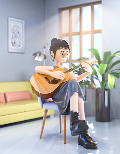 Girl playing guitar c4d design girl guitar illustration ui web