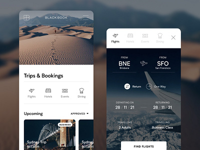Black Book Trips search experience android app design flight search interaction design ios mobile product design search engine travel ui ux