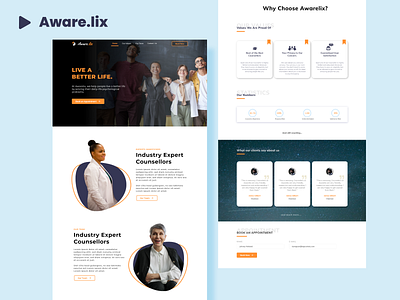 Awarelix Website homepage- psychology psychiatrist consultation adobexd black cards design figma header homepage minimal modern orange psychiatrist psychology ui uiux ux webdesign website white yellow