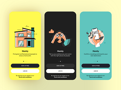 Homly onboarding screesns app design illustration minimal ui