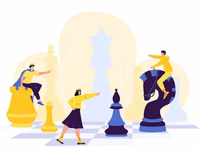Chess game cartoon character chess chessboard flat gambit game idea illustration king man mind movement people queen tactical tactics woman