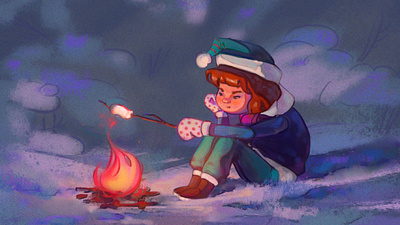 Late-night winter doodle fire forest girl illustration marshmallow snow winter