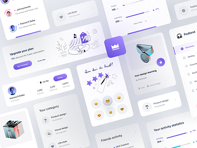 Podcast Dashboard Component design | Light 3d activity category chart component dashboard design system emoji icons illustraion kit light menu minimal mobile music playlist podcast profile status