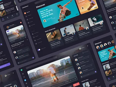 #Exploration - Skateboard Video Platform - Screens app bold card clean dark mode dark ui dashboard design desktop mobile night mode photography platform skateboard sport typography ui video website