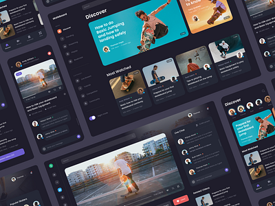 #Exploration - Skateboard Video Platform - Screens app bold card clean dark mode dark ui dashboard design desktop mobile night mode photography platform skateboard sport typography ui video website