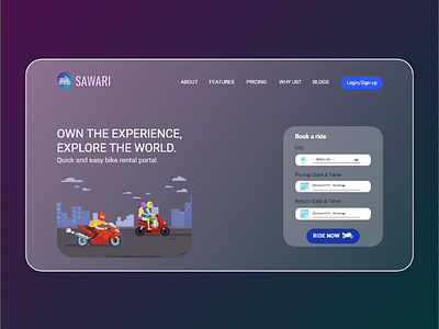 Landing page of Bike Rental Portal - Glassmorphism adobe art design glassmorphism graphicdesign uidesign uiux webdesign website websitedesign