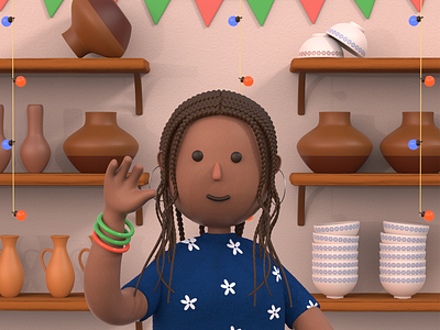 Pottery maker 3D 3d animation 3d art 3d character 3d graphics 3d illustration african woman asian bangles braids clay culture cute character dark ear fresh lights pots pottery pottery maker shop