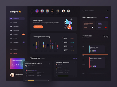 Language learning Dashboard 📓 3d app design branding chart clean concept course app dark ui dashboard glass gradient graph illustration illustrator learning minimal school uxui design vector