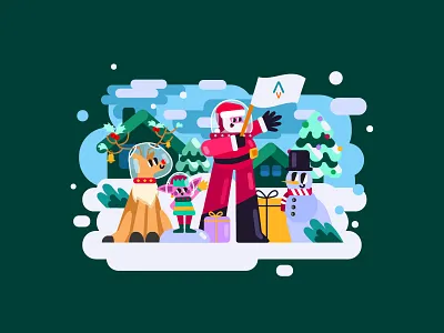 Astronaut Santa conquering the icy moon branding christmas tree digital art elf illustration reindeer santa snow snowman vector art