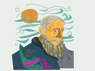 Illustration OLDMAN and Sea flat illustration line vector