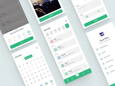 Journalo Mobile App - All Screen avatar calendar daily journal journal journaling journals mobile mobile app mobile app design mobile apps mobile ui profile ui uidesign uimobile uiux uiuxdesign