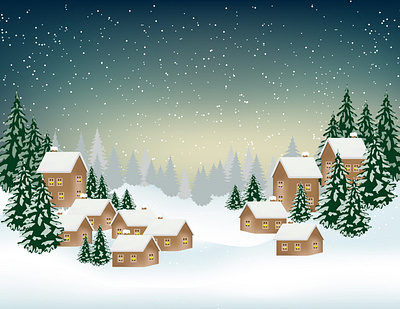 Cabins at Winter Night background cabins design illustration illustrator night snow snowflake snowing trees vector village wild winter winter idyll winter night winterscape