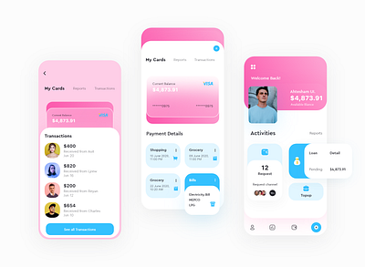 Online Banking mobile app UI design bank card banking dashboard banking ui bankingapp card design cool colors cool design glassmorphism pink transaction uiux wallet wallet ui