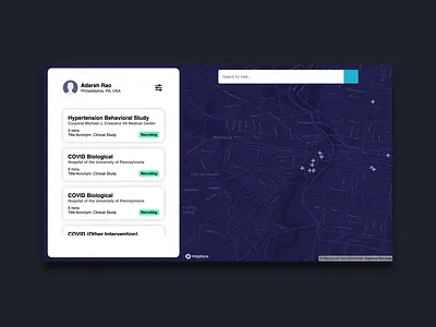 Clinic Connect Dashboard clean clean dashboard clinic clinic connect clinic connect dashboard clinicaltrial connect dark blue dashboard hack the north hackathon map mapbox navigation navy navy blue philedelphia