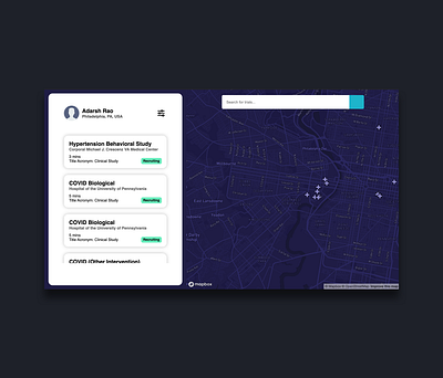 Clinic Connect Dashboard clean clean dashboard clinic clinic connect clinic connect dashboard clinicaltrial connect dark blue dashboard hack the north hackathon map mapbox navigation navy navy blue philedelphia