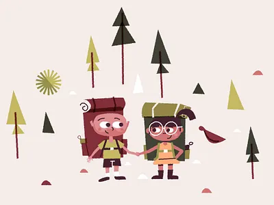 Wedding couple 2d backpack backpacks character couple flat illustration friends glasses hike hiking holding hands illustration love nature outdoors trees wedding