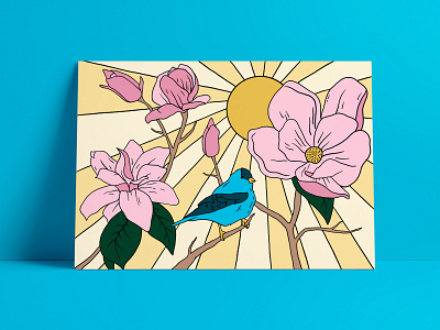 Magnolias art birds design digital floral art illustration postcard design procreate