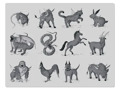 Agressive animals. Chinese calendar. agressive angry animal beast black bull calendar chinese dog dragon evil fangs goat grey hand drawn icon illustration logo snake tusk