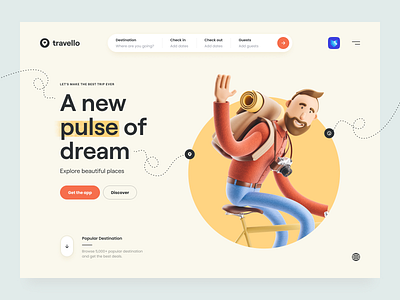 Travello – Travel Landing Page 3d 3d design 3d illustration clean destination hero header input minimal navigation navigation bar search soft color travel travel app travel website typography ui ui design ux ux design