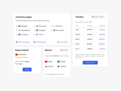Tipping platform UI components balance card component dashboard embed finance fintech list minimal payment product design simple table tipping transactions transfers ui design uiux web app web design