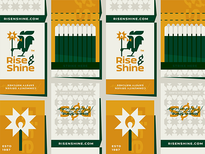 Risen-n-Shine Matches bowtie branding chicken design flat illustration logo logotype mark matches matchstick rise rooster shine sunshine typo