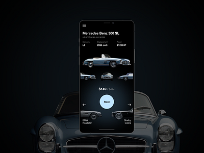 Vintage car rental app app design cars classic car clean concept dark app dark theme design iphone minimalism ui uiux vintage