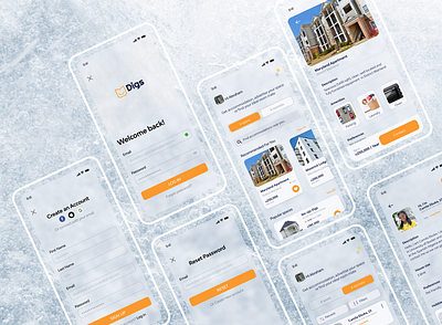 DIGS UI/UX app clean design glassmorphism housing minimal mobile room roommate space ui uidesign uiux ux