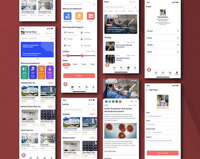 Hospitals and Medical Centers app clinic clinics doctor health hospital hospitals illustration medical medical app medical center medicine mobile app mobile app design mobile design mobile ui ui ui design uidesign ux