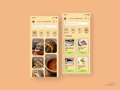 Daily UI #43: Food/Drink Menu add to bag beige dailyui dailyuichallenge day 43 dribbble popular flat design food delivery application food delivery service gradient menu mobile app design mockup pricing restaurant app search bar tiles ui design usability user experience design