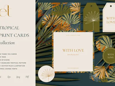 Tropical Print Cards Collection branding card card design collection identity illustration packaging palm print cards printable seamlesspattern stickers tags textile pattern tropic tropical leaves tropical pattern wrapping paper